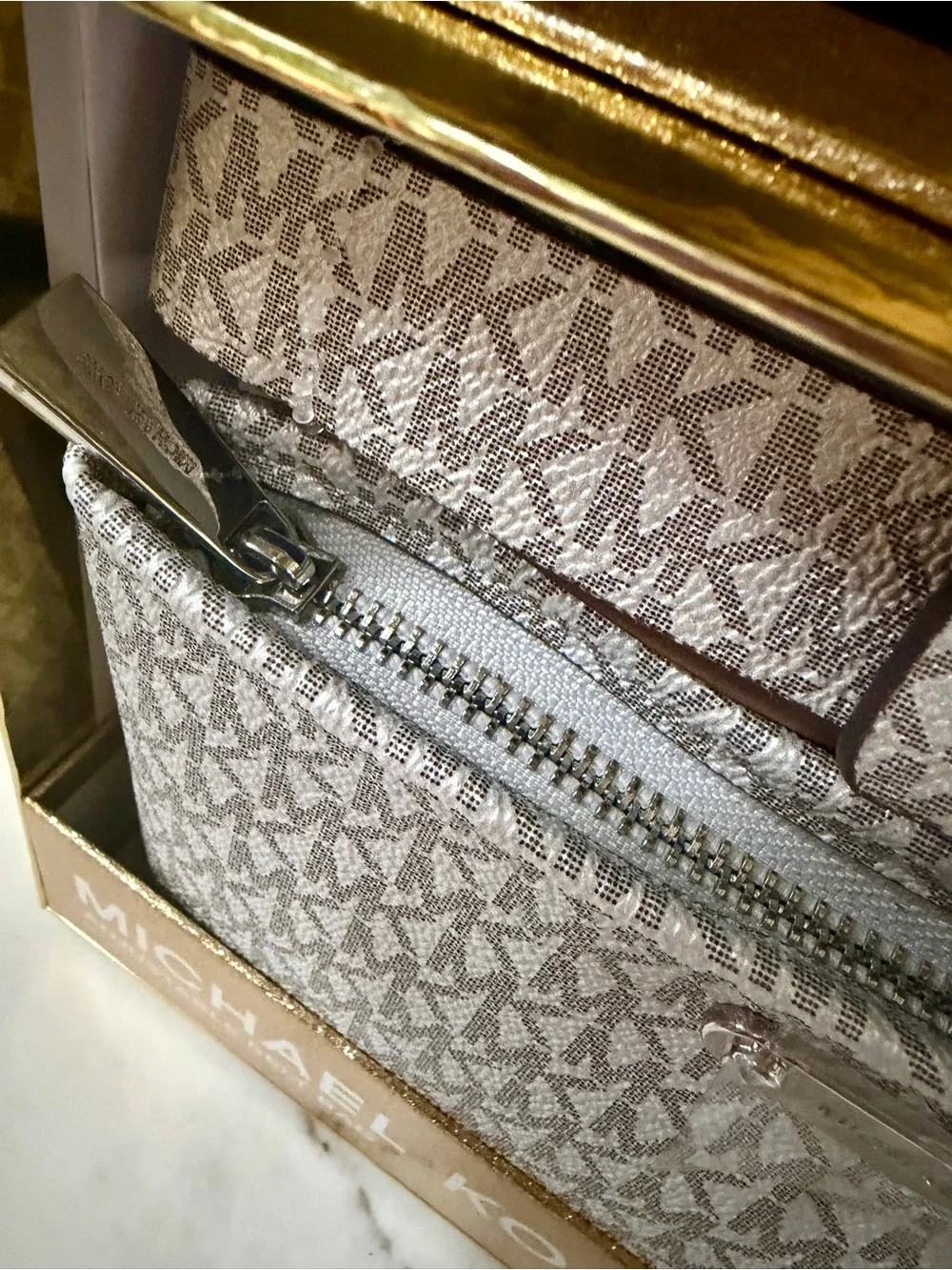 Michael Kors Metallic Silver Gray White MK Monogram Belt Bag crossbody clutch XL